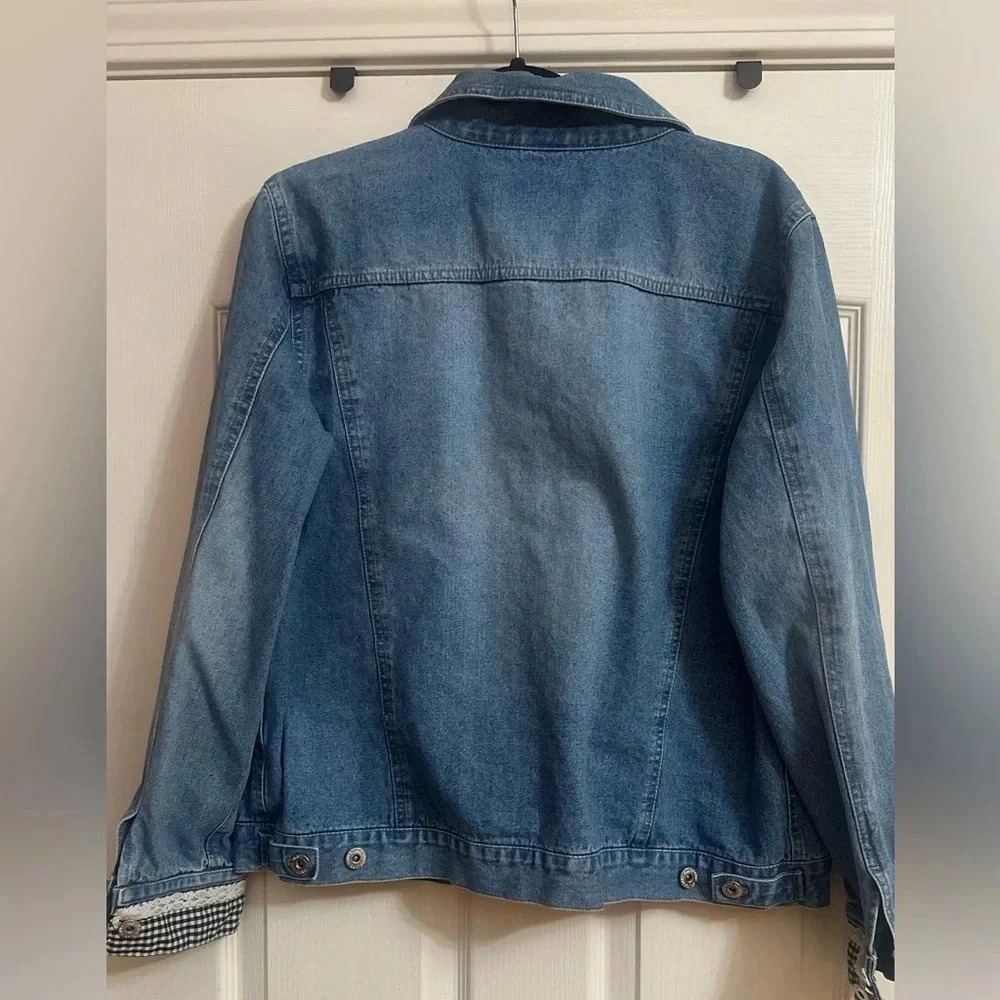 Women's Denim Jean Jacket Cottagecore Classic Checkered Print. Size XL. - Picture 4 of 6